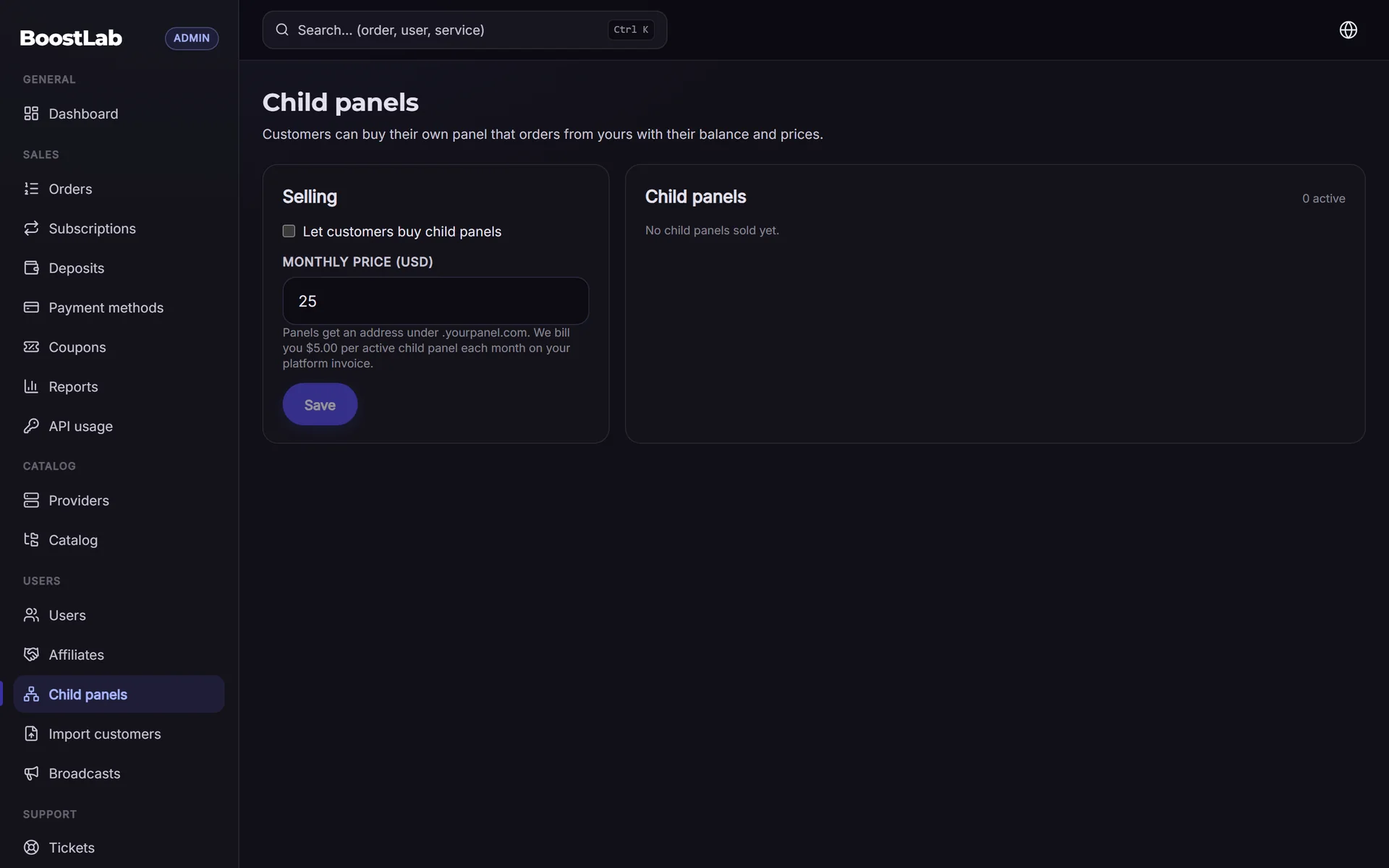 Child panel sales settings: monthly price for resellers
