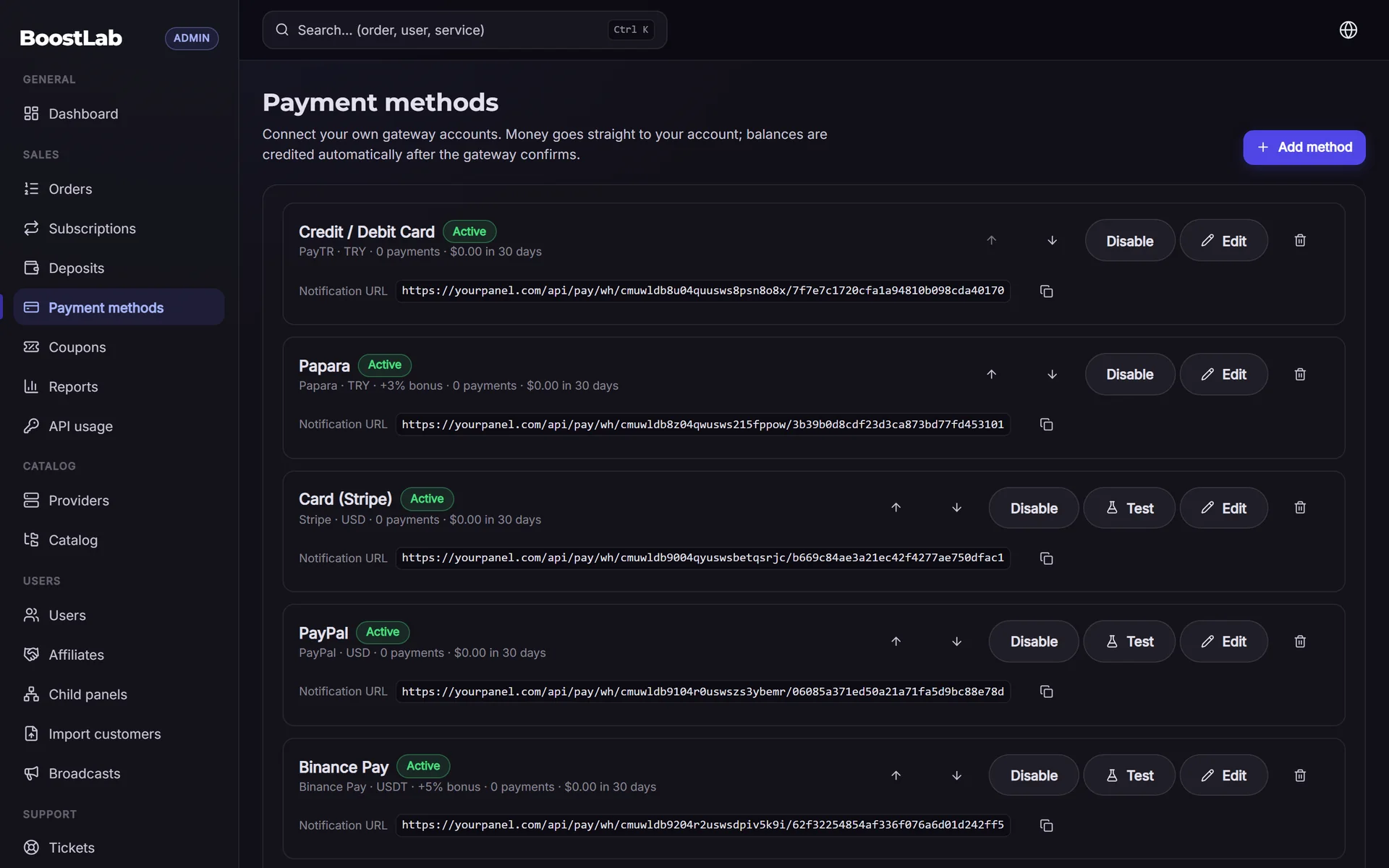 Payment methods in the panel admin, each with its own webhook address