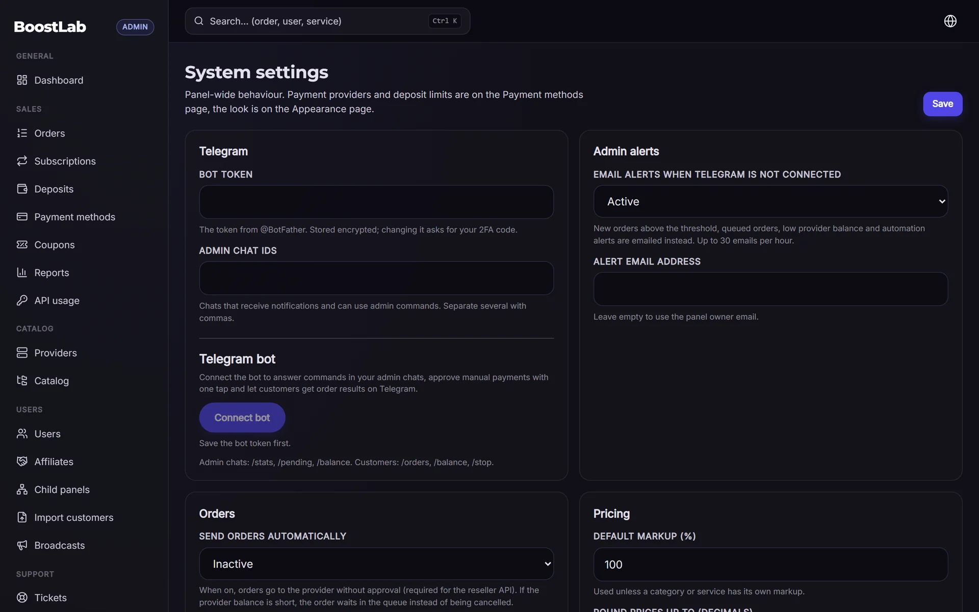 Telegram bot token and admin chat settings in the panel admin