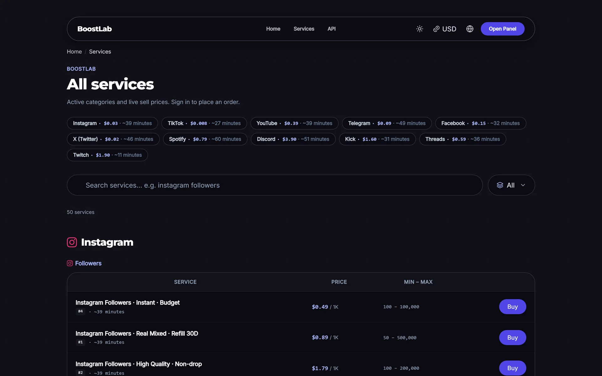 Your service list with live prices